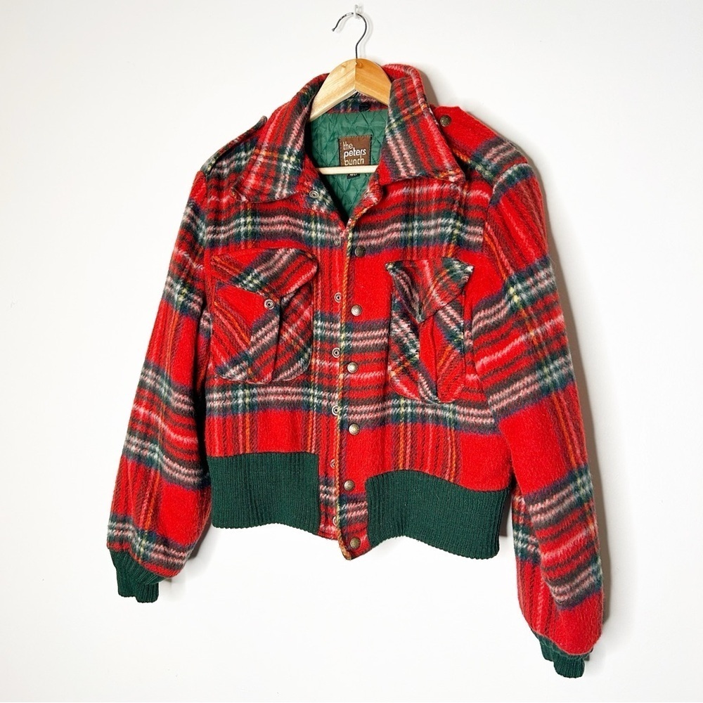 Vintage 1970s Retro Red Plaid Wool Bomber Jacket 70s